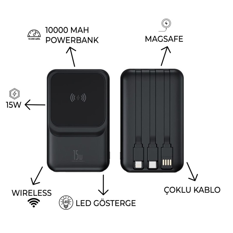 EccoTech Magsafe + 15W Wireless + 10.000 Mah + Dahili Kablolu Powerbank